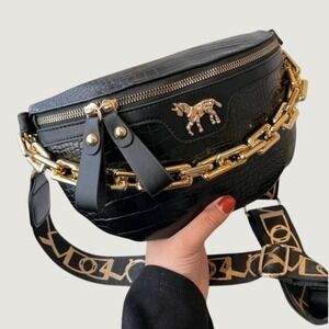 Black Croc-Embossed Belt Bag with Gold Chain Horse Accent waist chest Purse